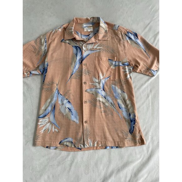 Islanders Mens Washable Silk Hawaiian Shirt Feather Print Small Tear Mended M - Picture 1 of 9
